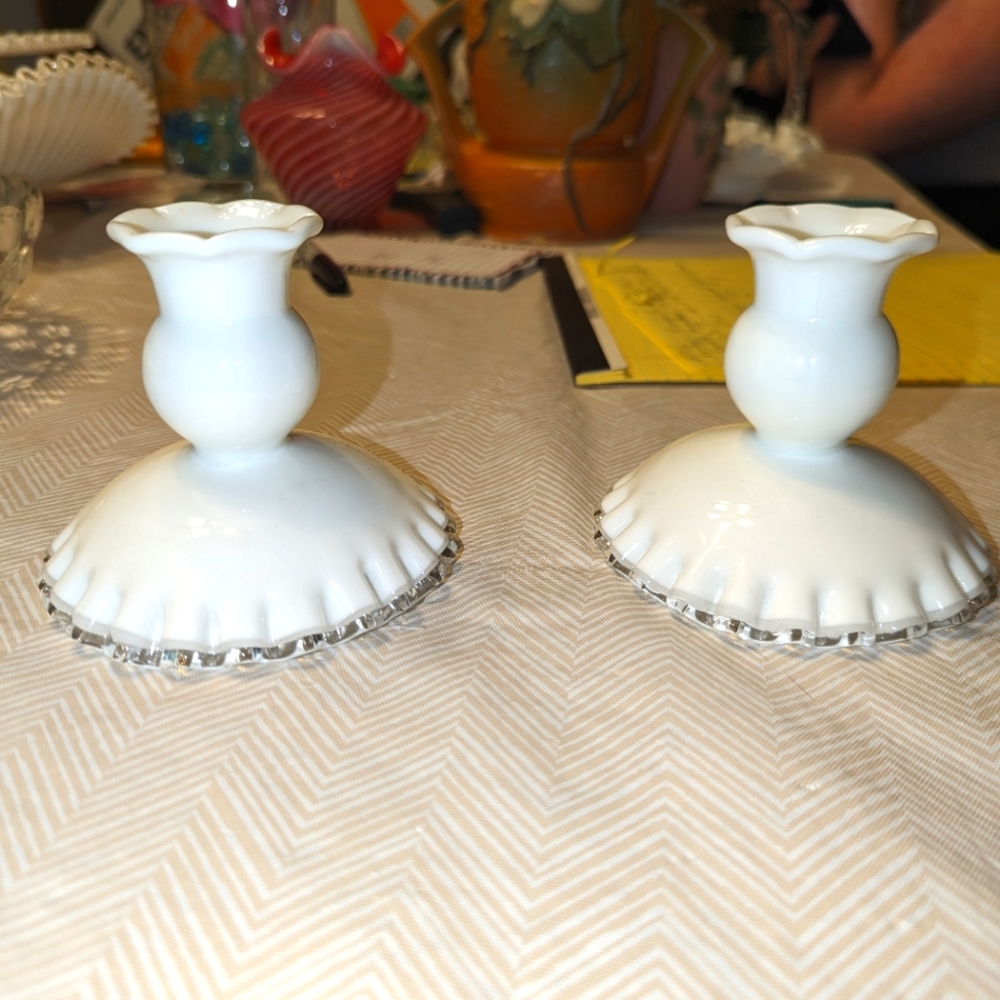 Silver Crested White Fenton glass Candle Holders